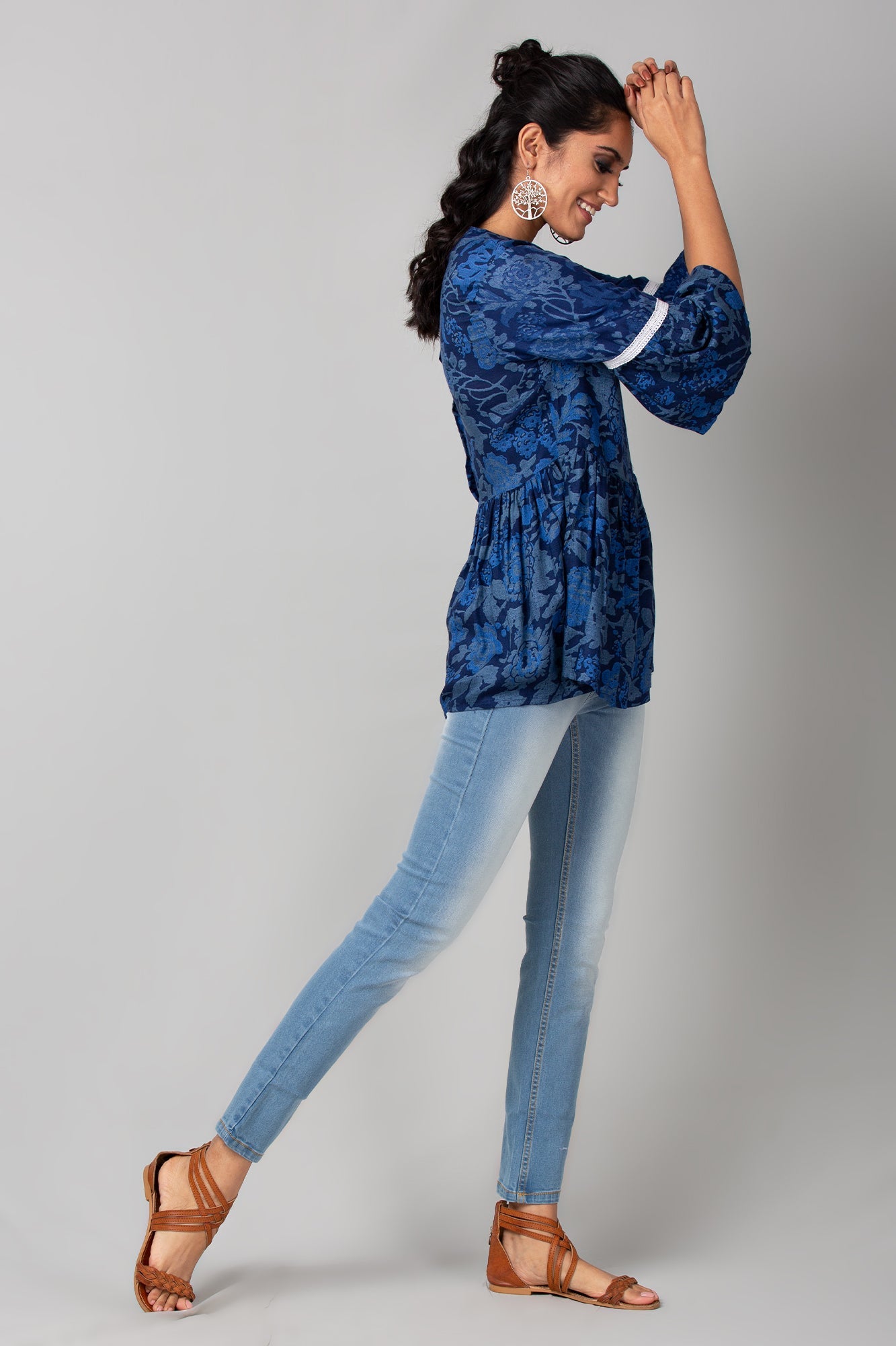 Blue Flared High Neck Bell Sleeves Top - WomanLikeU