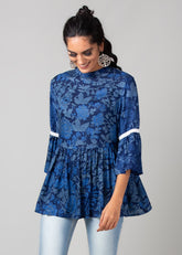 Blue Flared High Neck Bell Sleeves Top - WomanLikeU