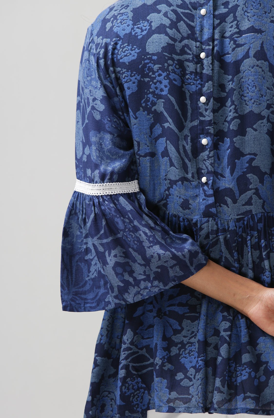 Blue Flared High Neck Bell Sleeves Top - WomanLikeU