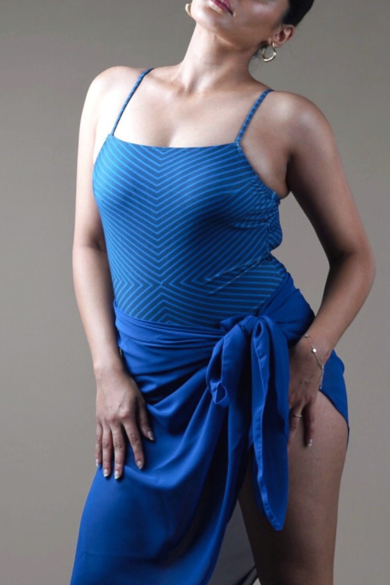 Blue striped Monokini with a Sarong - WomanLikeU