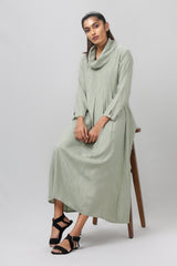 Green Full Sleeve Cowl Neck Pleated Long Dress - WomanLikeU