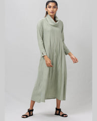 Green Full Sleeve Cowl Neck Pleated Long Dress - WomanLikeU