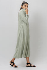 Green Full Sleeve Cowl Neck Pleated Long Dress - WomanLikeU