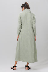 Green Full Sleeve Cowl Neck Pleated Long Dress - WomanLikeU