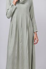 Green Full Sleeve Cowl Neck Pleated Long Dress - WomanLikeU