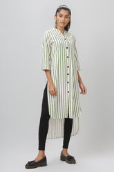 Green & White Striped Asymmetric Mandarin Collar Kurti - WomanLikeU