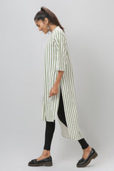 Green & White Striped Asymmetric Mandarin Collar Kurti - WomanLikeU