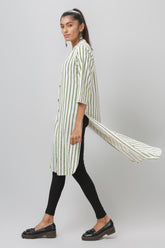 Green & White Striped Asymmetric Mandarin Collar Kurti - WomanLikeU
