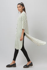 Green & White Striped Asymmetric Mandarin Collar Kurti - WomanLikeU