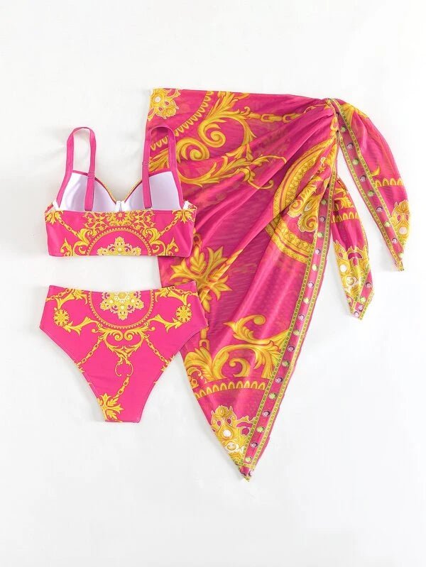 Neon Pink Bikini with Sarong - WomanLikeU