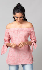 Pink Off Shoulder Tie Up Sleeve Top - WomanLikeU