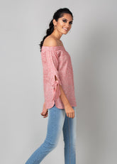 Pink Off Shoulder Tie Up Sleeve Top - WomanLikeU