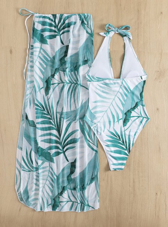 White & green monokini with sarong - WomanLikeU