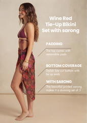 Wine Red Tie-up Bikini Set with Sarong