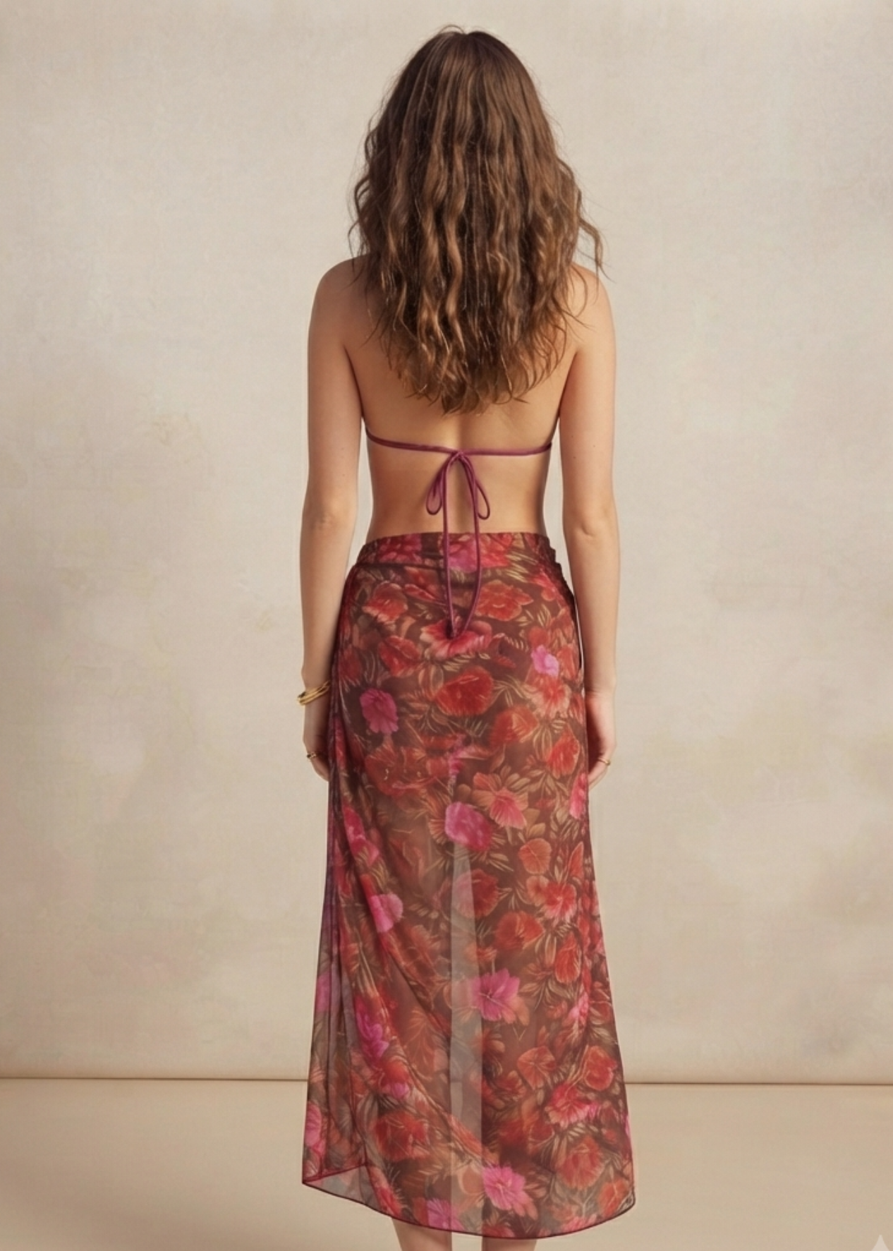 Wine Red Tie-up Bikini Set with Sarong