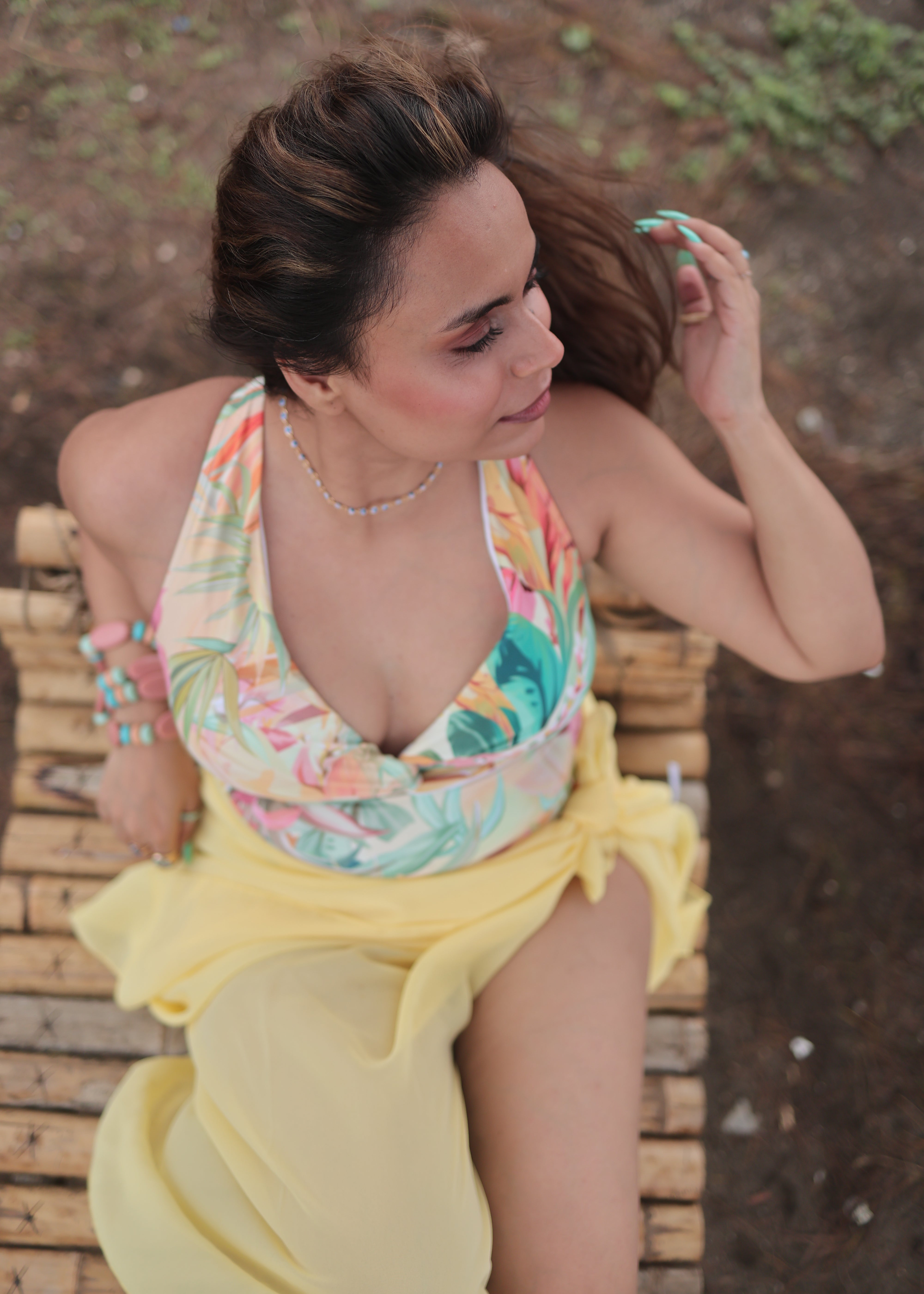 Printed Monokini with yellow sarong