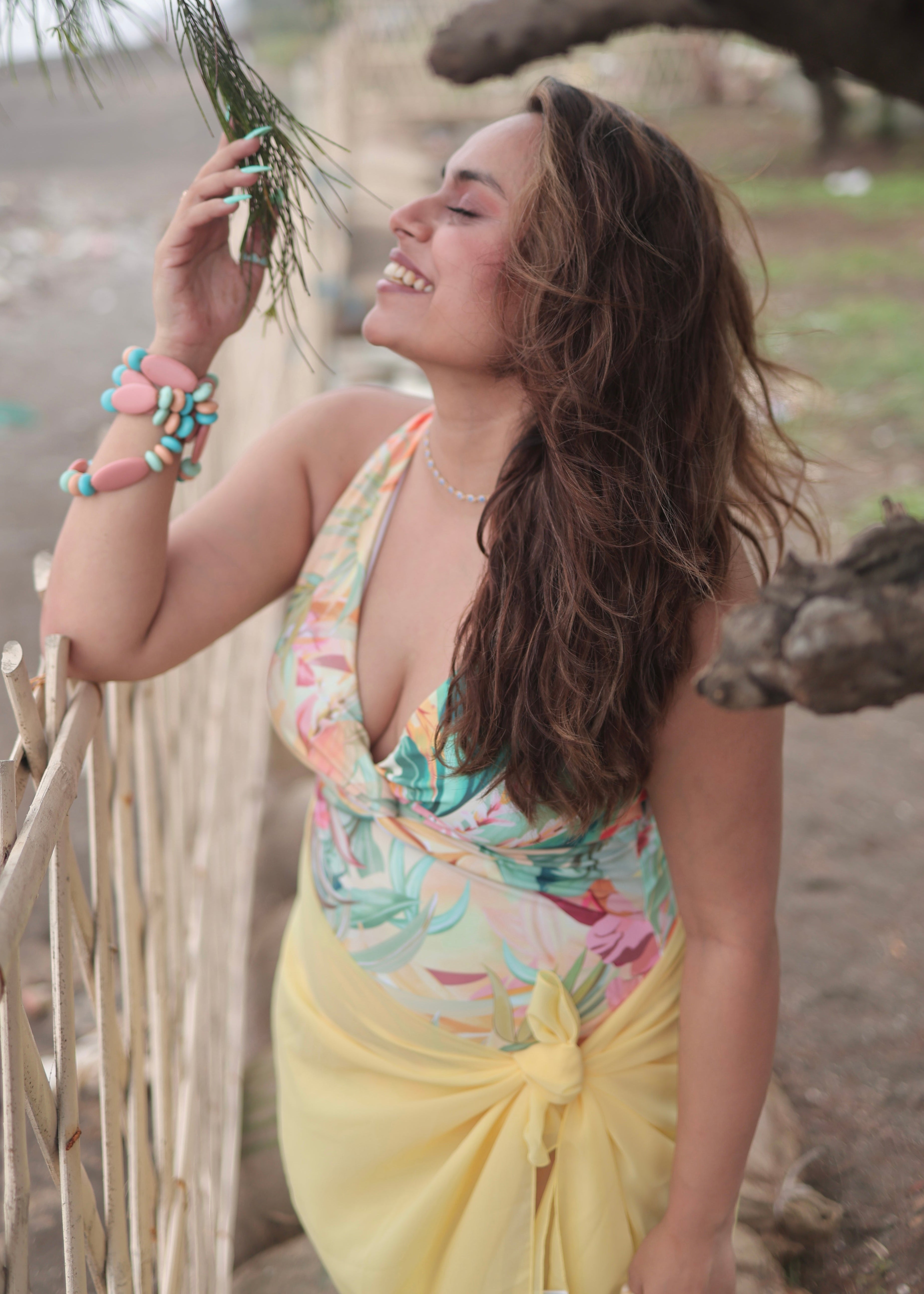 Printed Monokini with yellow sarong