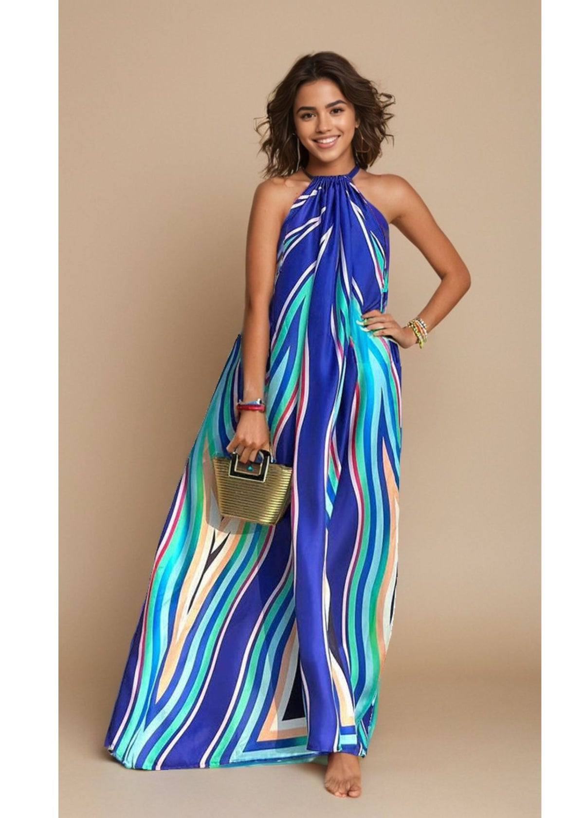 Blue Geometric Printed Halter Neck Maxi Dress – WomanLikeU