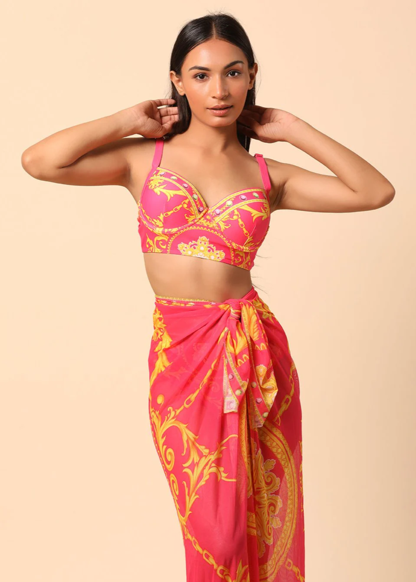 Pink Printed bikini with a Sarong