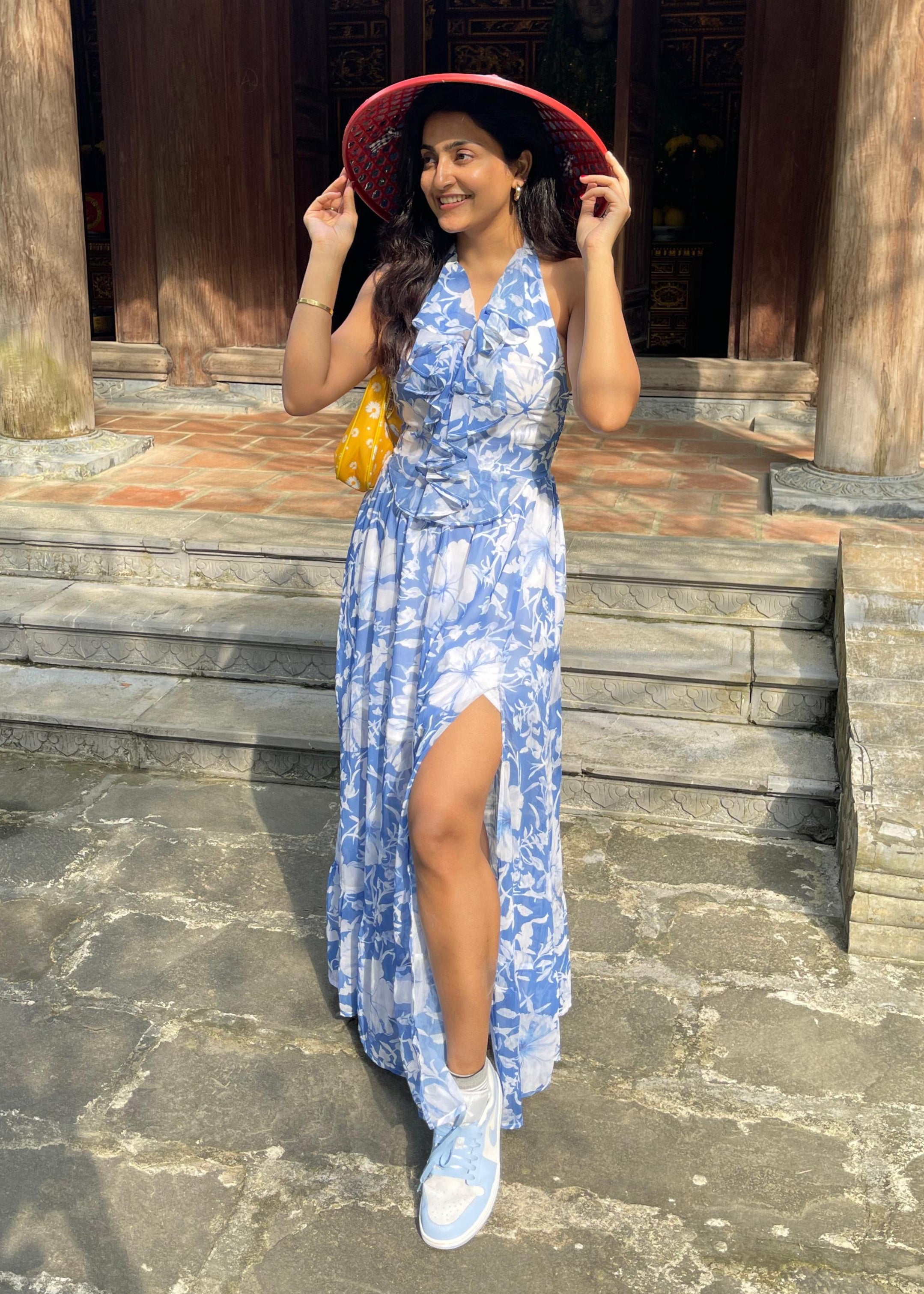 Blue White Floral Printed Maxi Dress - Main Image