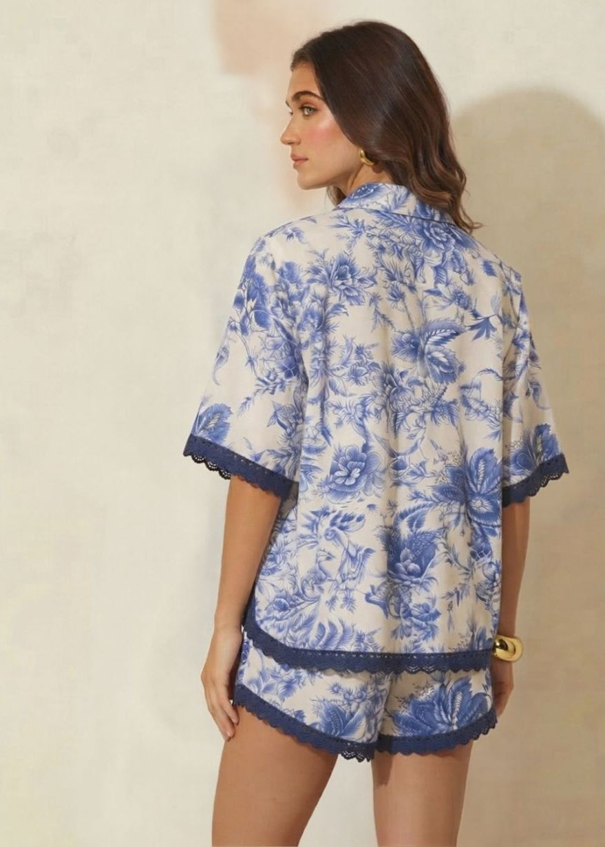 Blue & White Floral Print Coord Set