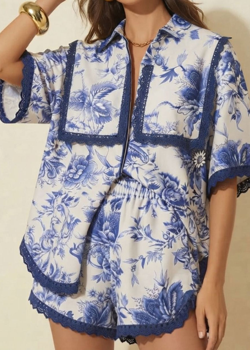 Blue & White Floral Print Coord Set