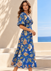 Blue Floral Print Dress with Designer Neckline