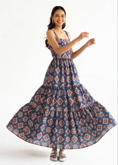 Blue Geometric Printed Maxi Dress