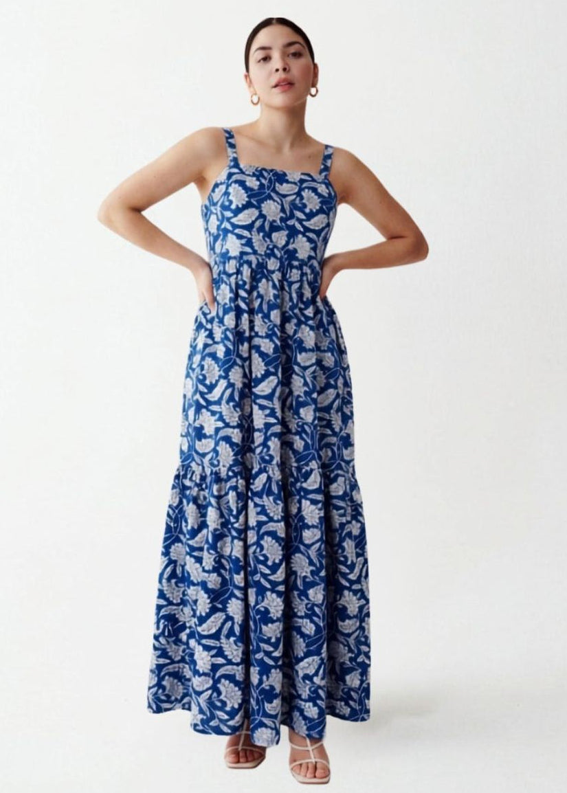 Blue & White Block Print Maxi Dress