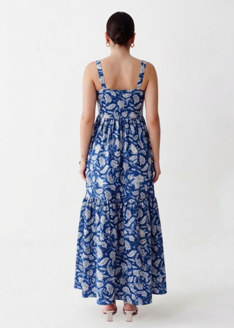 Blue & White Block Print Maxi Dress