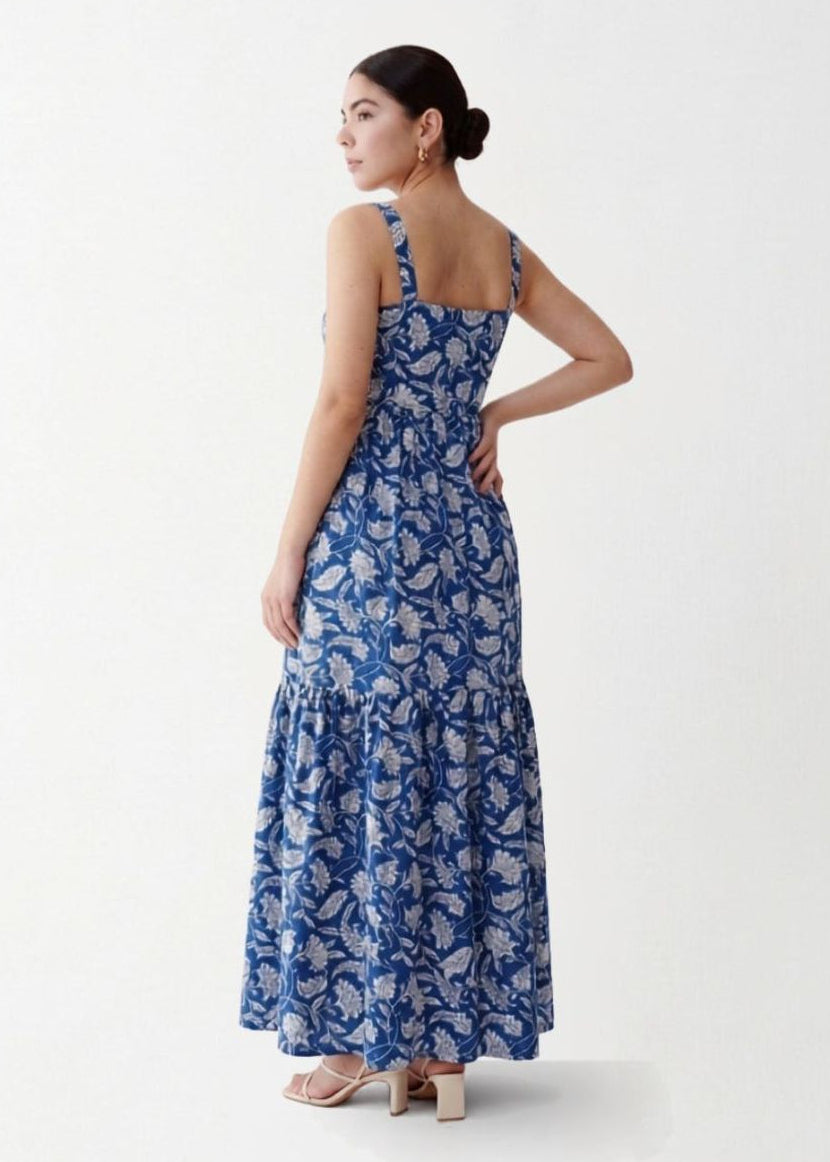 Blue & White Block Print Maxi Dress