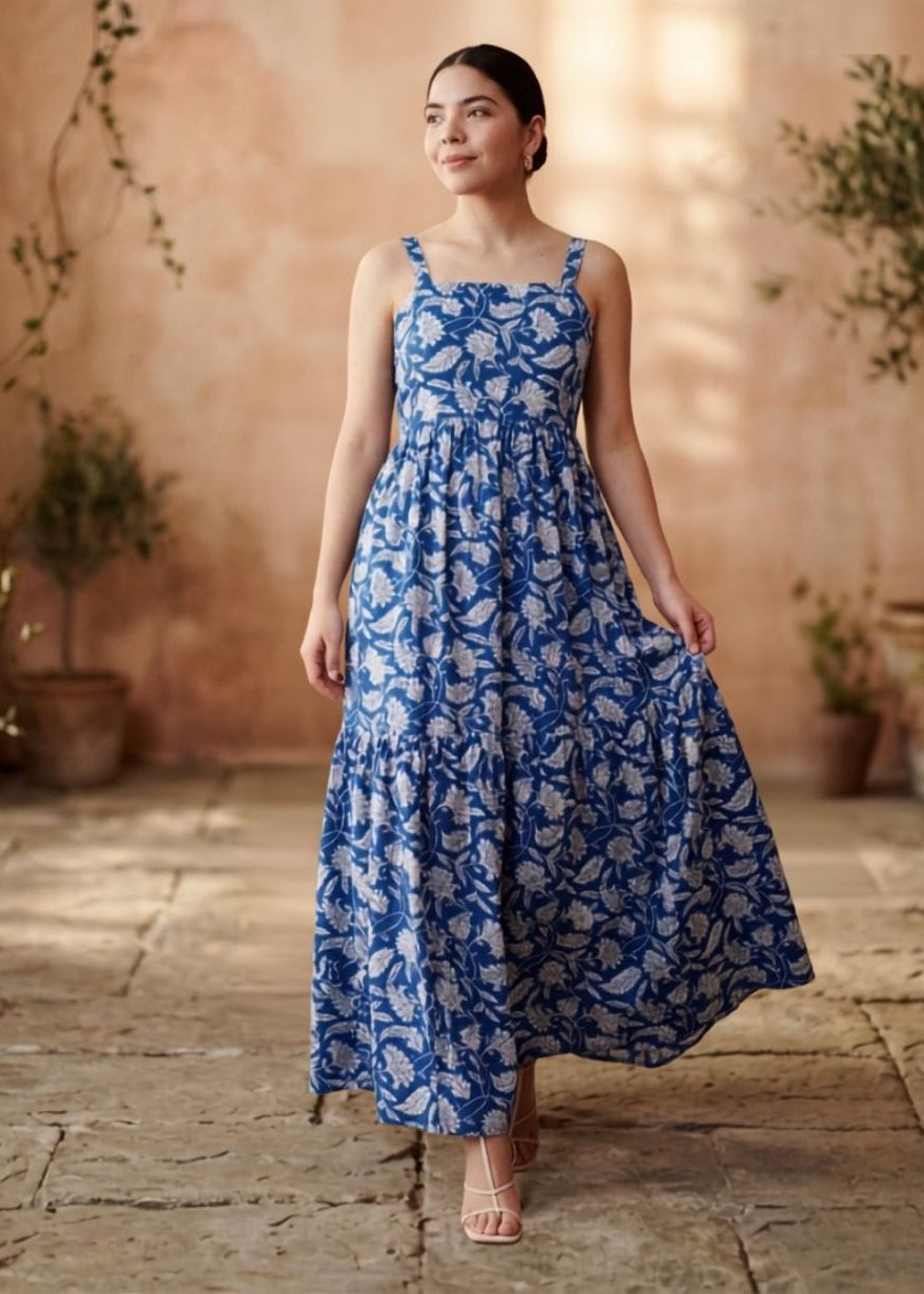 Blue & White Block Print Maxi Dress
