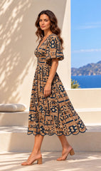 Brown Geometric Puff sleeve Dress
