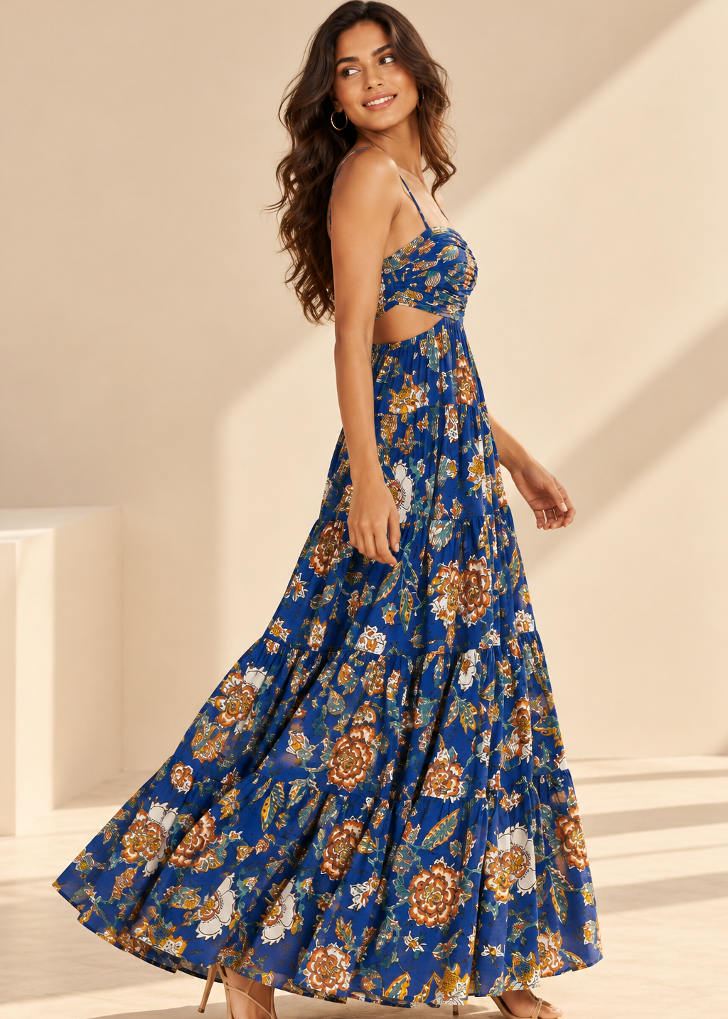 Blue Floral Tiered Maxi Dress