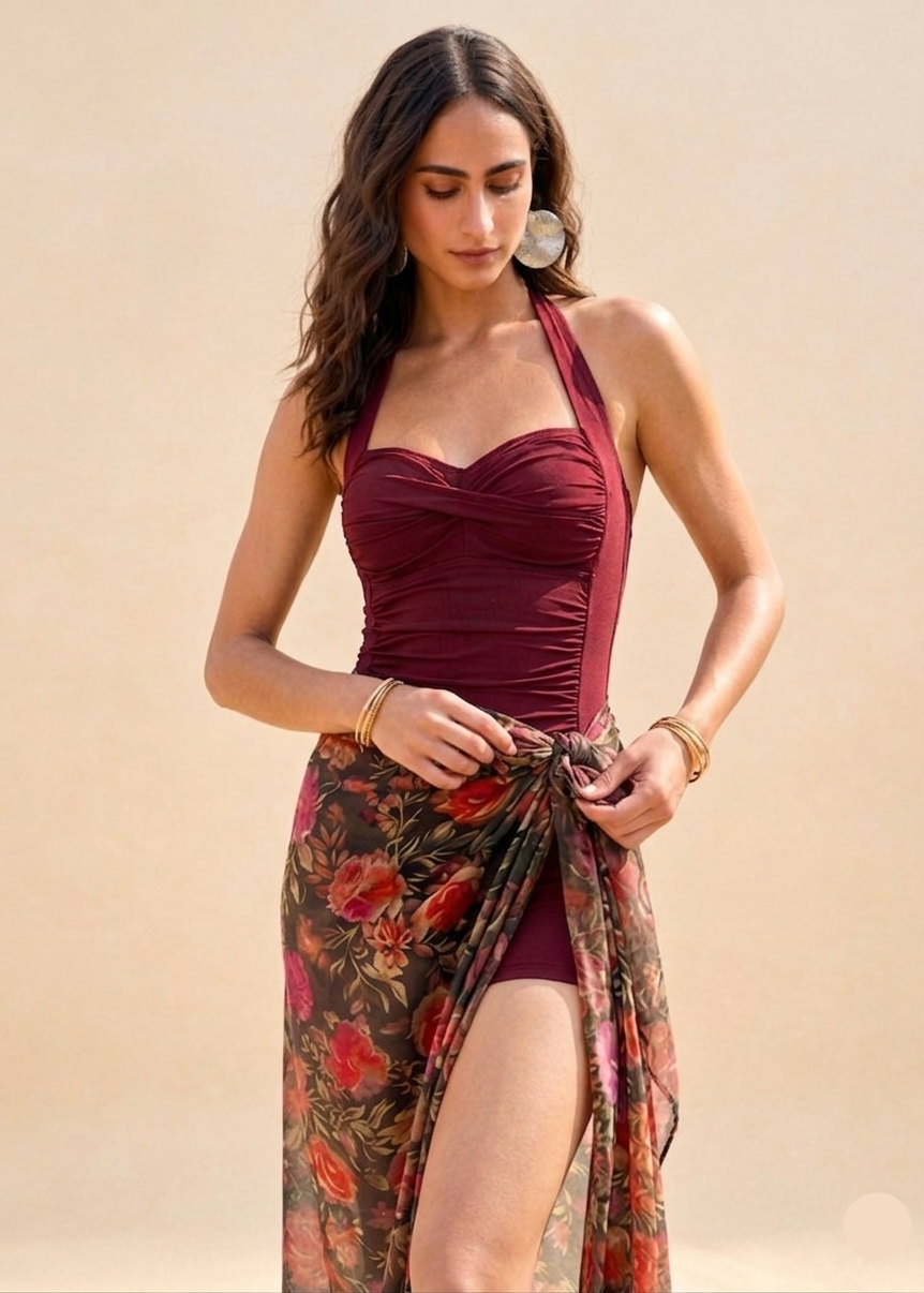 Wine Red Padded Monokini with Sarong