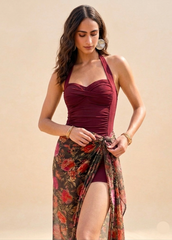 Wine Red Padded Monokini with Sarong