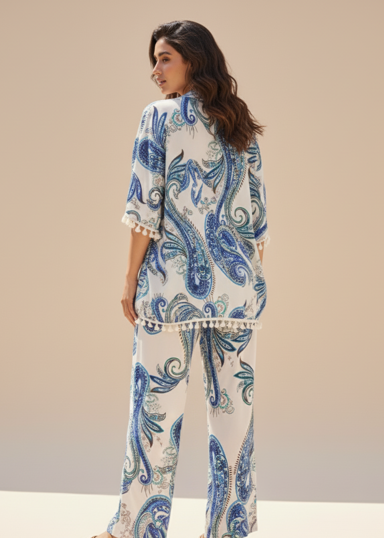 Blue & White Printed Co-Ord with Bottom and Cover Up
