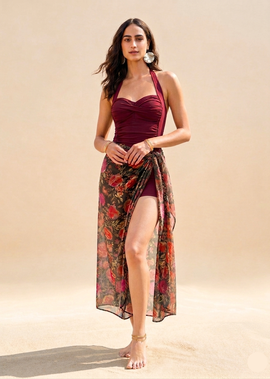 Wine Red Padded Monokini with Sarong