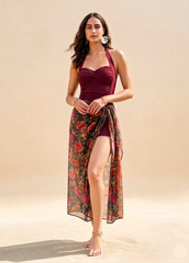 Wine Red Padded Monokini with Sarong