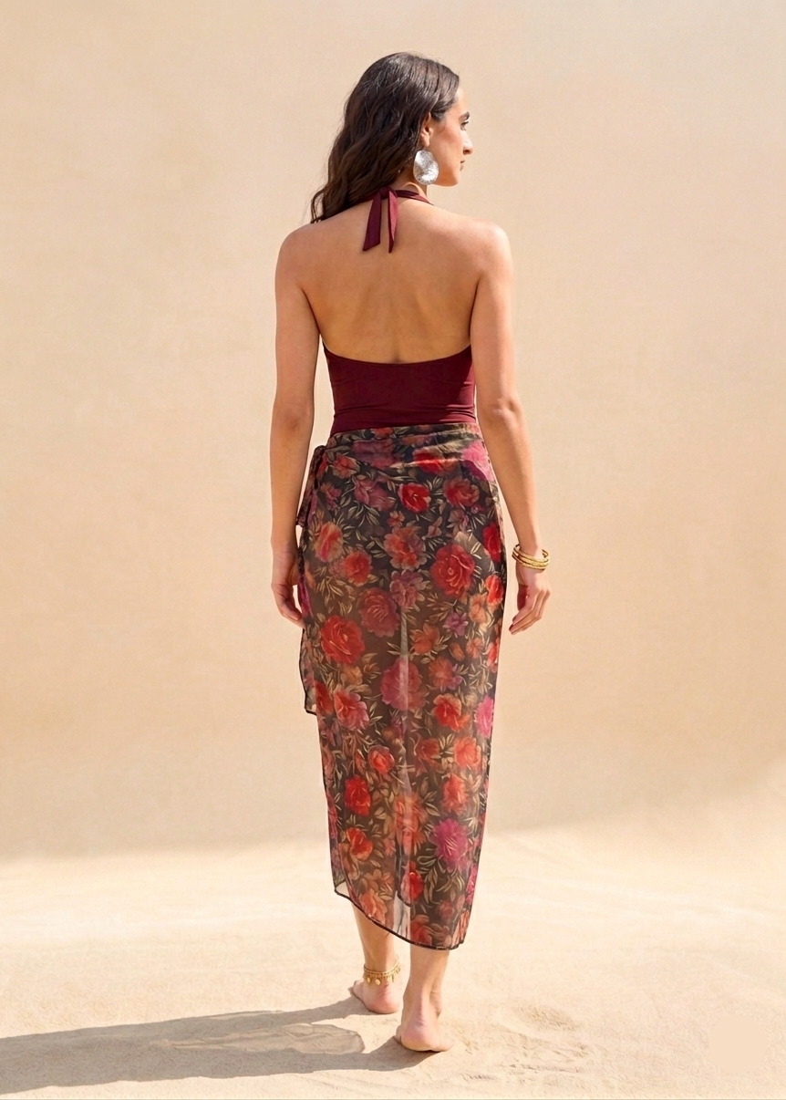 Wine Red Padded Monokini with Sarong