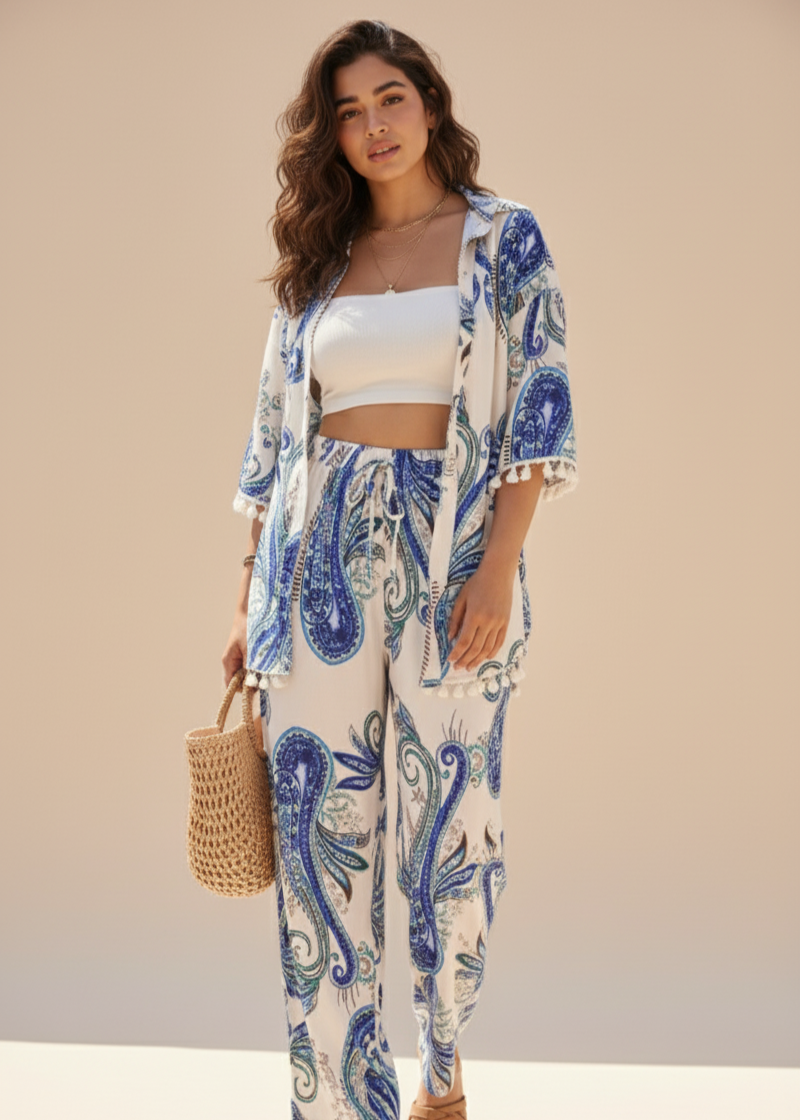 Blue & White Printed Co-Ord with Bottom and Cover Up