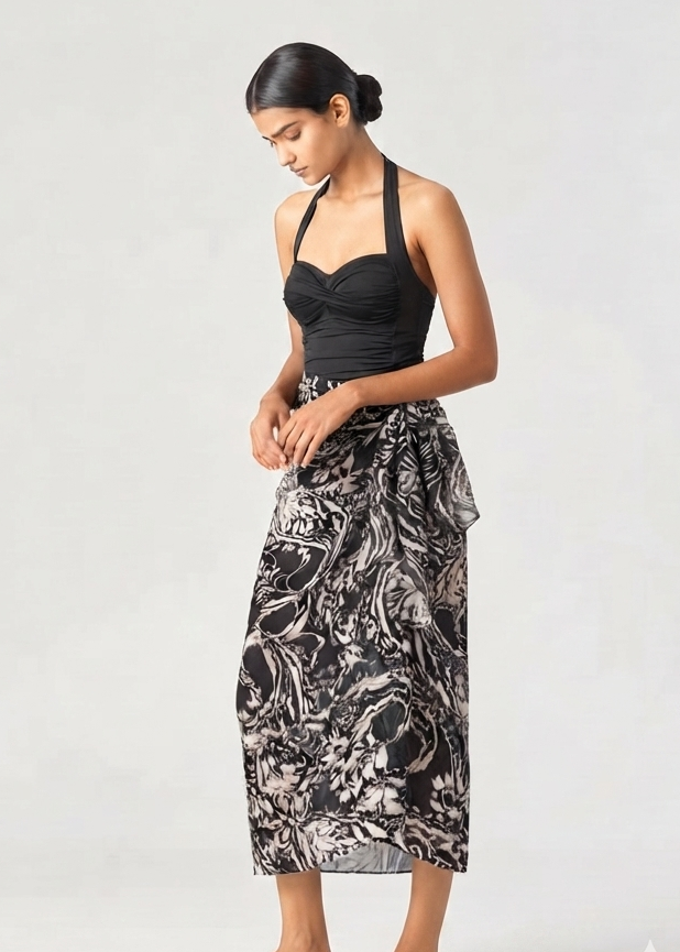 Black Padded Monokini with Printed Sarong