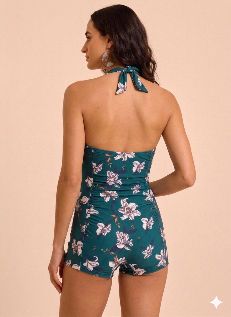 Teal Floral Printed Monokini with Full Coverage