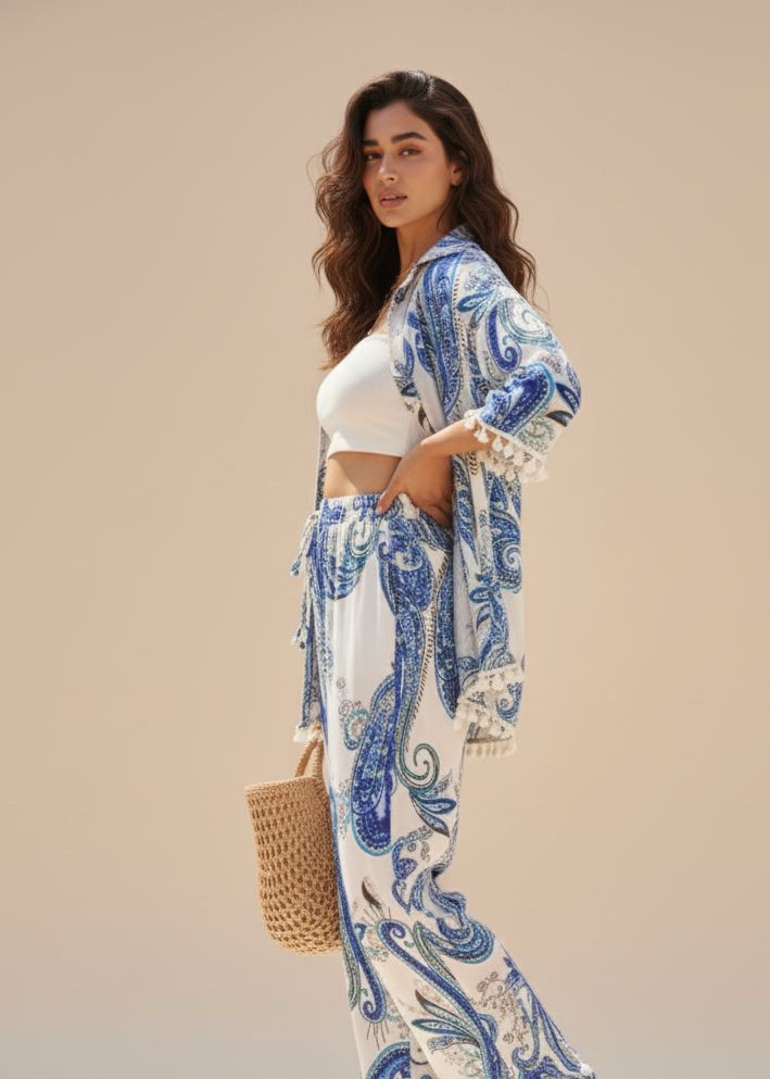 Blue & White Printed Co-Ord with Bottom and Cover Up