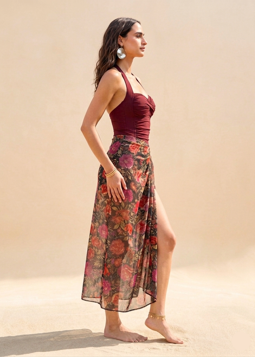 Wine Red Padded Monokini with Sarong