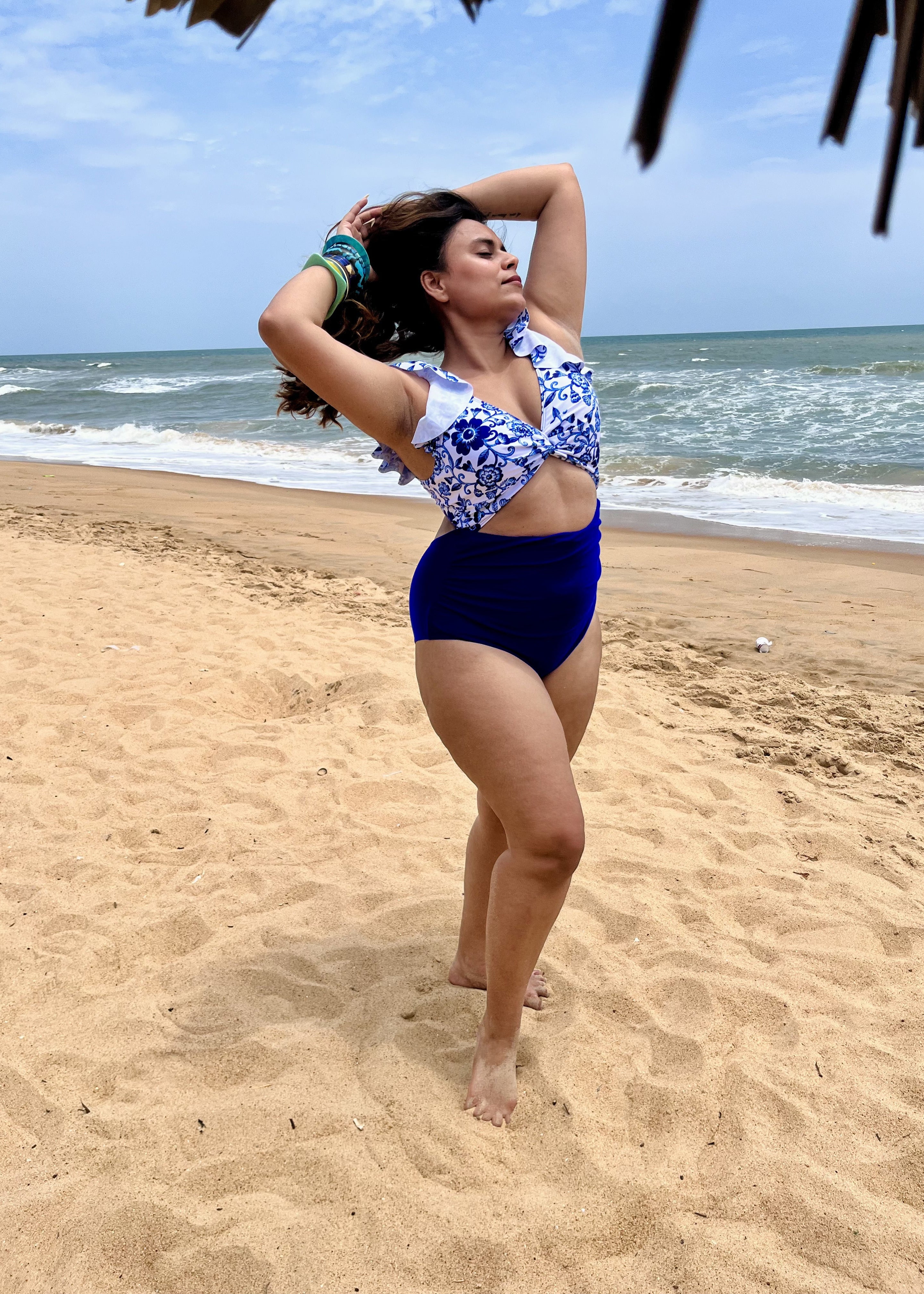 Blue Padded Monokini with Frill Sleeves