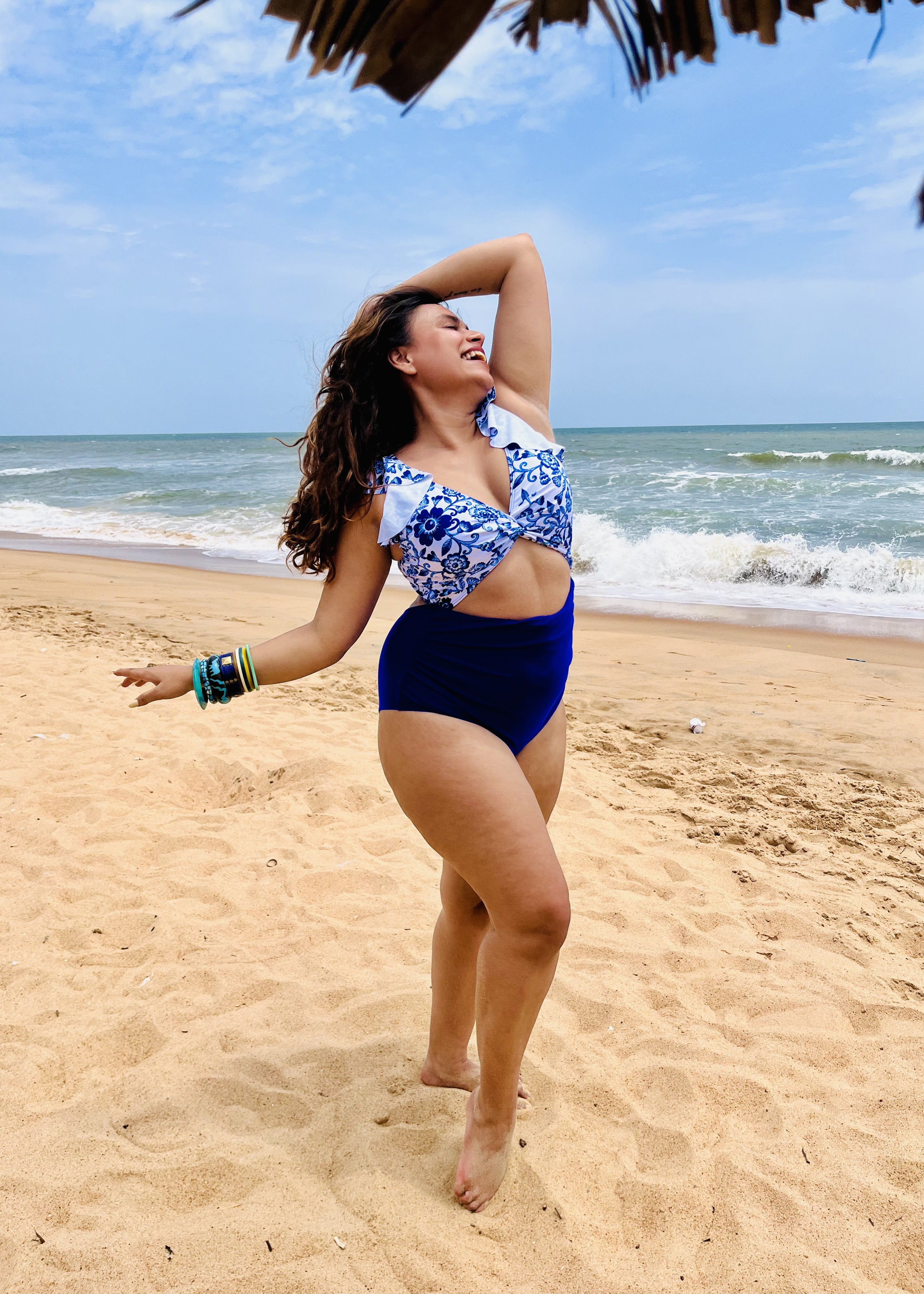 Blue Padded Monokini with Frill Sleeves