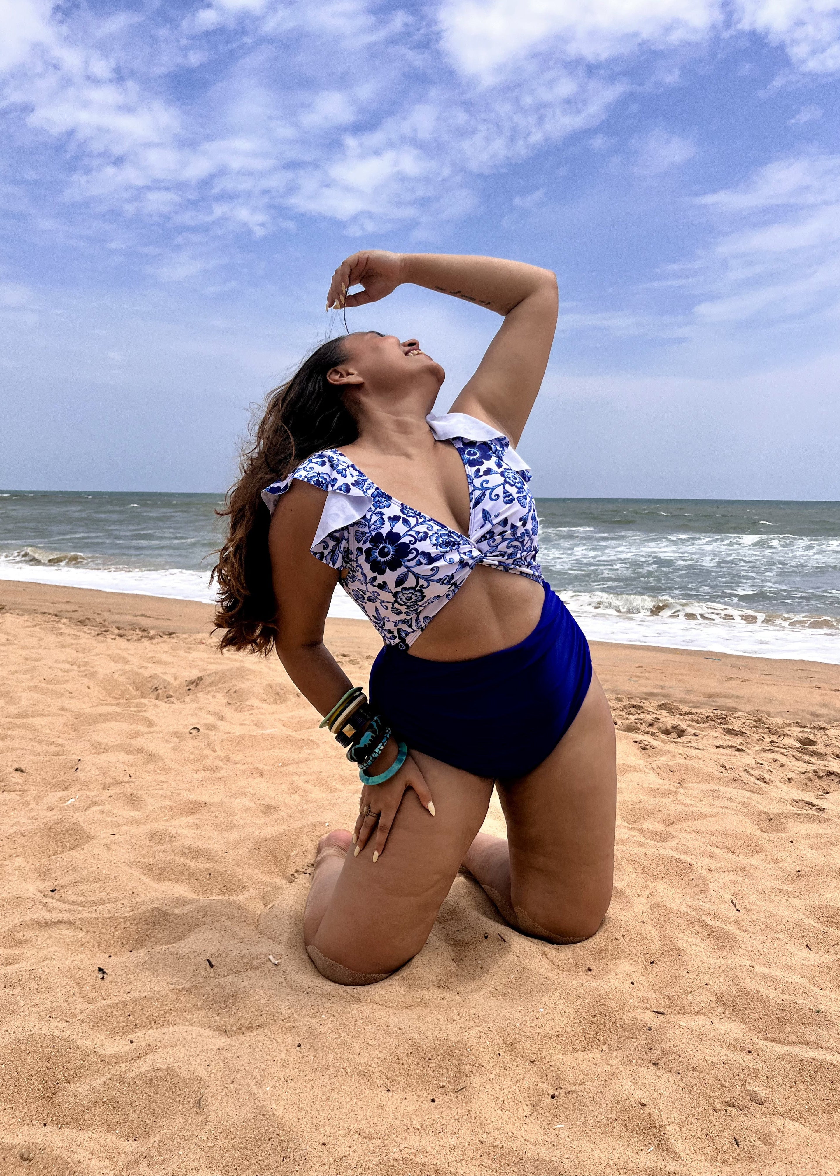 Blue Padded Monokini with Frill Sleeves