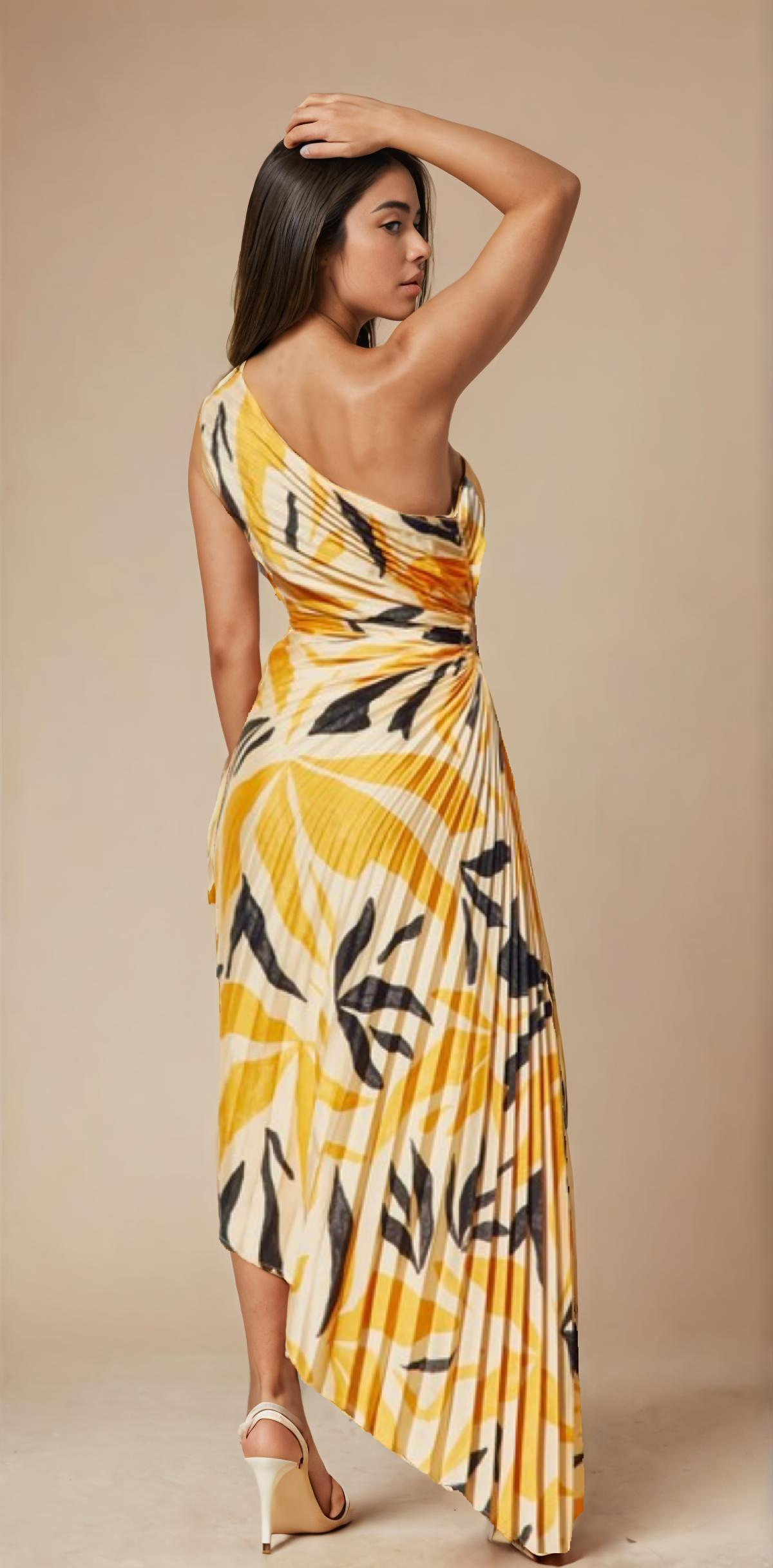 Black & Yellow Printed Pleated Dress