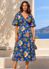 Blue Floral Print Dress with Designer Neckline